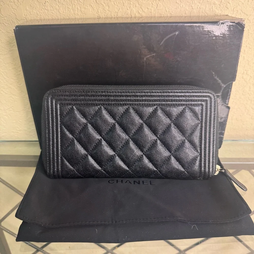 CHANEL Black Quilted Caviar Leather Boy Long Zipped Wallet